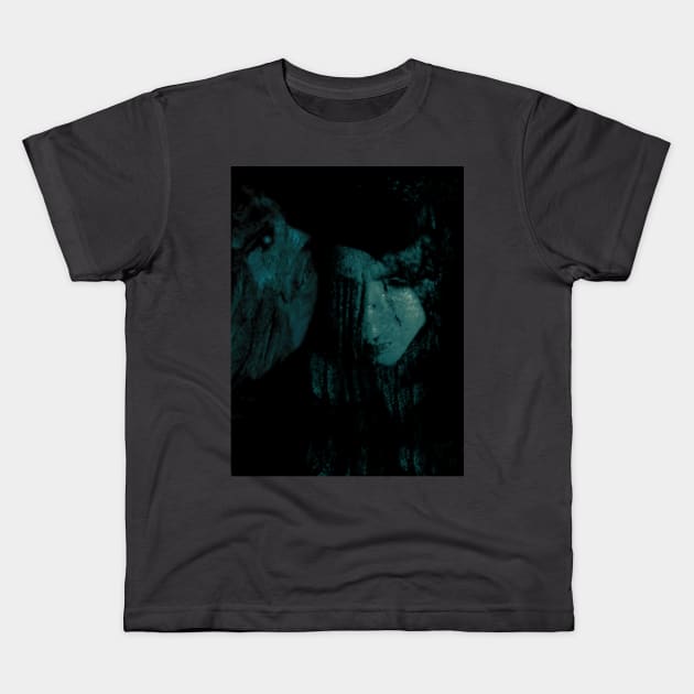 Portrait, collage, special processing. Man, dark costume, long hair, looking down. On left demon of gold. Aquamarine, like drawn. Kids T-Shirt by 234TeeUser234